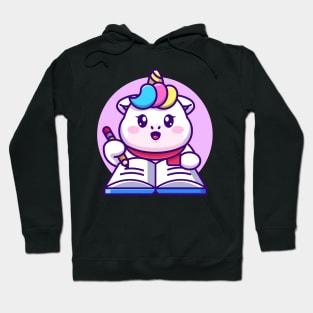 Cute unicorn writing on book with pencil cartoon Hoodie